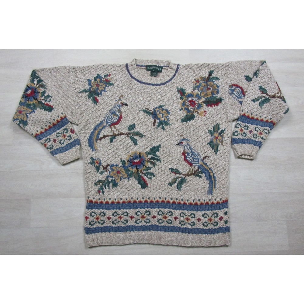 Vintage 90s Bushwacker Intarsia Novelty Sweater (S) Cotton Ramie Birds Floral
